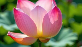 close up view of a blooming lotus bud revealing soft pink hues and smooth petal edges under gentle sunlight. photo
