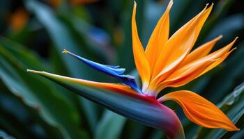 close up view of an exotic bird of paradise flower with bright orange and blue petals forming striking shapes. photo