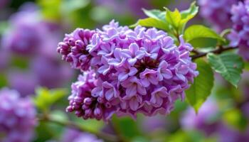 close up view of purple lilac blossoms grouped densely on a woody branch, emitting soft fragrances into the air. photo