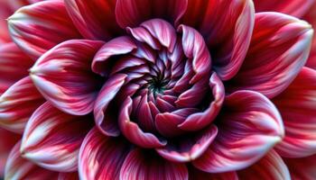 close up view of the vibrant petals of a red dahlia flower spiraling towards the center in an elegant pattern. photo