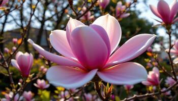 close up view of the soft pink petals of a magnolia flower illuminated by gentle rays filtering through trees. photo