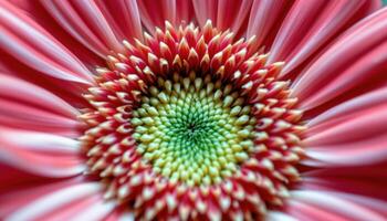 close up view of the fuzzy texture on the petals of a blooming gerbera daisy in vibrant red. photo