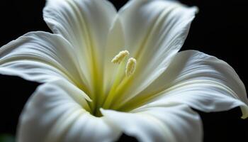close up view of an elegant white lily with trumpet shaped petals curving outward smoothly, set against a dark, blurred background for dramatic effect. photo