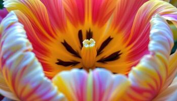 close up view of the intricate petal structure of a yellow tulip with light shining through translucent edges. photo