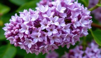 close up view of a soft purple lilac flower cluster with tiny blossoms densely packed, their petals showing fine detail and subtle color gradients. photo