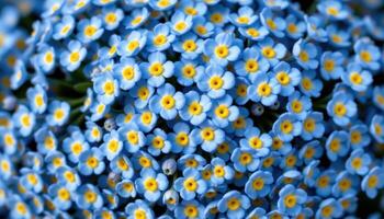 close up view of a cluster of blue forget me not flowers tightly packed with vibrant yellow centers and soft petals shimmering in the gentle breeze. photo