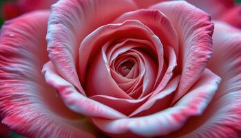 close up view of a red rose in peak bloom, each velvety petal unfolding elegantly to reveal layers of natural folds and soft color transitions. photo