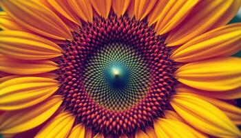 close up view of a bright yellow sunflower's textured center surrounded by large, radiant petals reaching outward in perfect symmetry. photo