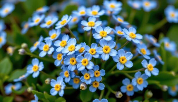 close up view of tiny blue forget me nots grouped tightly together, showing their delicate petals and vivid yellow centers in sharp focus against fresh greenery. photo