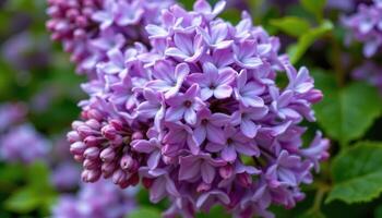 close up view of dense clusters of purple lilac blossoms, their tiny petals revealing subtle color gradients and fine texture amidst the fresh spring air. photo