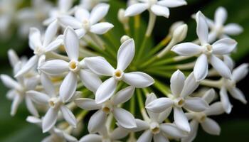 close up view of delicate white jasmine flowers with slender, star shaped petals and faint fragrance, clustered elegantly on thin stems with dark green background. photo