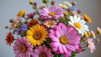 close up view of a wildflower bouquet featuring a harmonious mix of shapes and colors, every petal rendered vividly against a soft, neutral background. photo