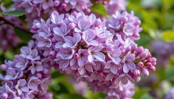 close up view of soft purple lilac flowers densely packed on woody branches, revealing intricate petal details and subtle pastel color variations in spring. photo