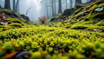 close up view of bright moss thriving in the middle of a fog shrouded path. photo