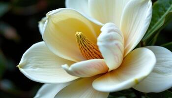 close up view of a magnolia flower opening slowly with thick, creamy petals displaying velvety textures. photo