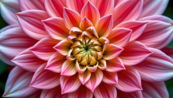 close up view of a dahlia flower with its tightly wound spiral of petals in shades of pink and coral forming a perfect geometric pattern. photo