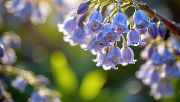 close up view of delicate bluebell flowers hanging in graceful clusters with gentle light filtering through each translucent petal. photo