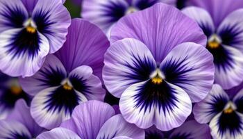 close up view of a cluster of violet pansies with rich purple petals and detailed dark veins creating a painterly effect. photo