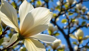 close up view of a white magnolia flower with gently curved petals shining softly beneath a blue sky. photo
