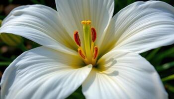 close up view of a white lily with petals gracefully curving outward, revealing a bright yellow stamen inside. photo