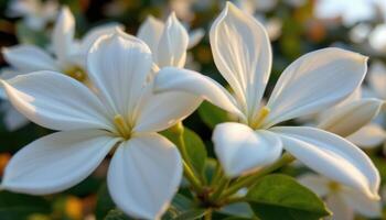 close up view of delicate white jasmine petals unfolding gently in the soft evening light. photo
