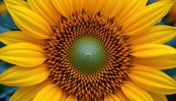 close up view of a vibrant sunflower head with golden petals reaching outward and textured center in sharp focus. photo