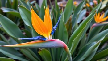 close up view of an exotic bird of paradise flower with fiery orange and bright blue petals, sharp and smooth, standing out boldly against deep green leaves. photo