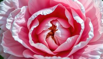 close up view of a delicate pink peony's outer petals curling outward slowly, revealing intricate layers beneath with soft shadows playing across the surface. photo