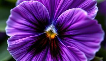 close up view of vibrant violet pansy petals with dark veining creating intricate patterns, each petal velvety and glowing under soft light. photo