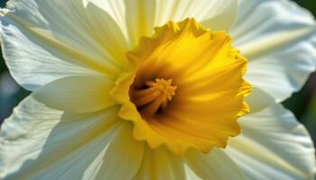 close up view of a bright yellow daffodil's trumpet shaped corona surrounded by smooth, radiant petals shimmering in soft morning light. photo
