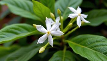 close up view of a delicate white jasmine flower with slender, star shaped petals arranged gracefully on thin stems against dark green leaves. photo