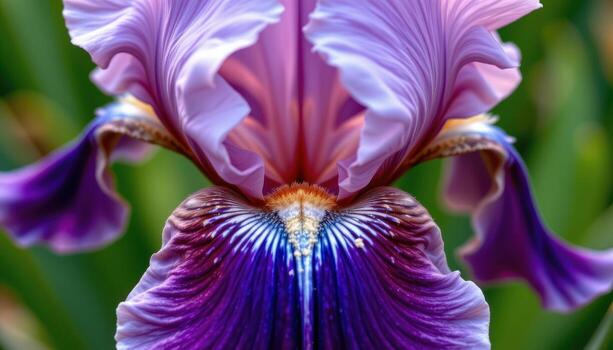 close up view of a striking purple iris, revealing delicate veining and a gradient of colors from deep violet to pale lavender across each petal in stunning detail. photo