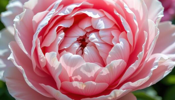 close up view of soft pastel pink peony petals unfolding slowly with layers thickly packed, highlighted by gentle natural light and soft shadows. photo