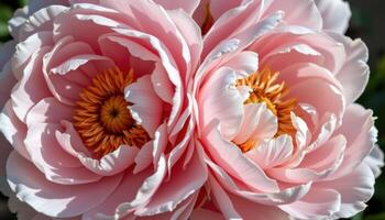 close up view of soft pink peonies bursting open with multiple layers of silky petals, each unfolding gracefully to reveal the lush interior bathed in gentle daylight. photo