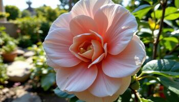 close up view of a camellia flower with thick, soft petals layered symmetrically, glowing under filtered light in a shaded, tranquil garden setting. photo