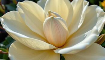 close up view of a creamy magnolia bloom with thick petals that glow softly under filtered light, revealing natural curves and fine details in a peaceful garden setting. photo