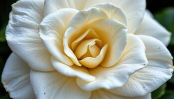 close up view of a gardenia's creamy white petals layered thickly and reflecting soft, diffused light, showcasing subtle gradations of color and texture. photo