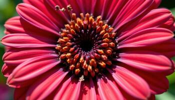 close up view of a bright red zinnia's narrow petals arranged in a circular pattern, catching every ray of natural light with glossy texture and vivid color. photo
