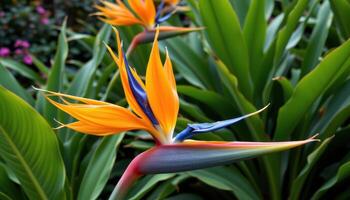 close up view of the bird of paradise flower's fiery orange and electric blue petals contrasting vividly against lush green foliage in a tropical garden. photo