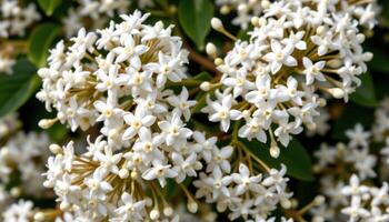 close up view of white jasmine blossoms clustered densely on slender stems, their star shaped petals glowing softly in shaded greenery. photo
