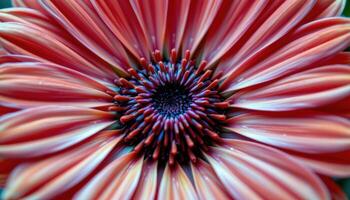 close up view of red zinnia petals radiating perfectly in circular layers, each petal smooth and glossy, capturing natural highlights vividly. photo