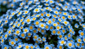 close up view of clusters of tiny blue forget me nots tightly packed with vivid yellow centers and soft petals shimmering gently in a gentle breeze. photo