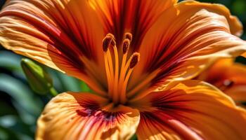 close up view of an orange tiger lily with curled, spotted petals arranged dramatically, glowing richly under warm sunlight with fine texture visible. photo