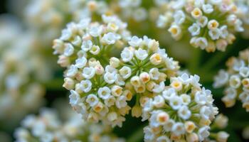 close up view of tiny white baby's breath flowers forming airy bunches, their soft petals creating a gentle cloud like effect illuminated gently by ambient light. photo