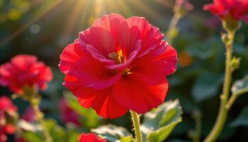 close up view of a red geranium flower glowing richly under golden sunlight, each clustered petal showing delicate textures and natural shadows. photo