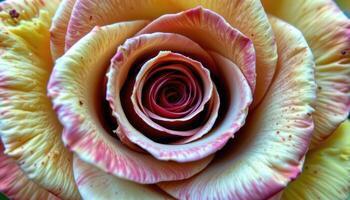 close up view of a red rose's tightly curled petals forming a perfect spiral at its center. photo
