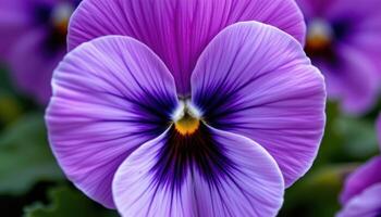 close up view of bright purple pansy petals with delicate dark veins creating a painterly effect. photo
