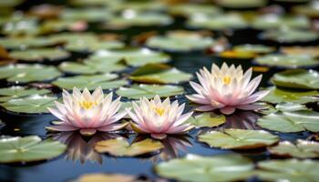 close up view of water lilies floating gently on a pond with mirrored reflections. photo
