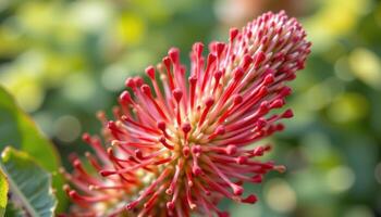 close up view of a bottlebrush flower with fuzzy red stamens forming a cylindrical bloom. photo