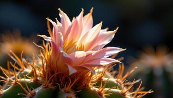 close up view of a cactus flower bursting open in contrast to its spiny base, glowing under intense light. photo